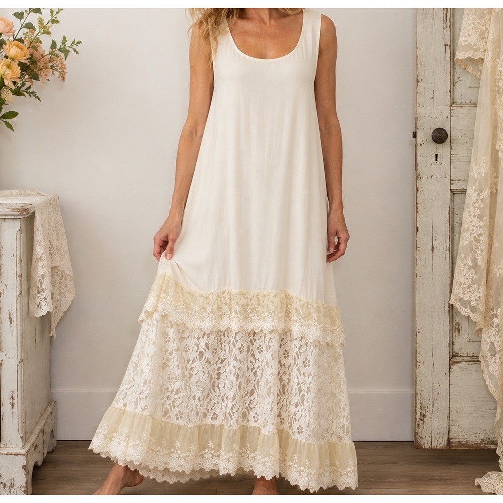 April Cornell CamiIle Slip Dress XL Ivory Ecru Lace Cottagecore Romantic Maxi